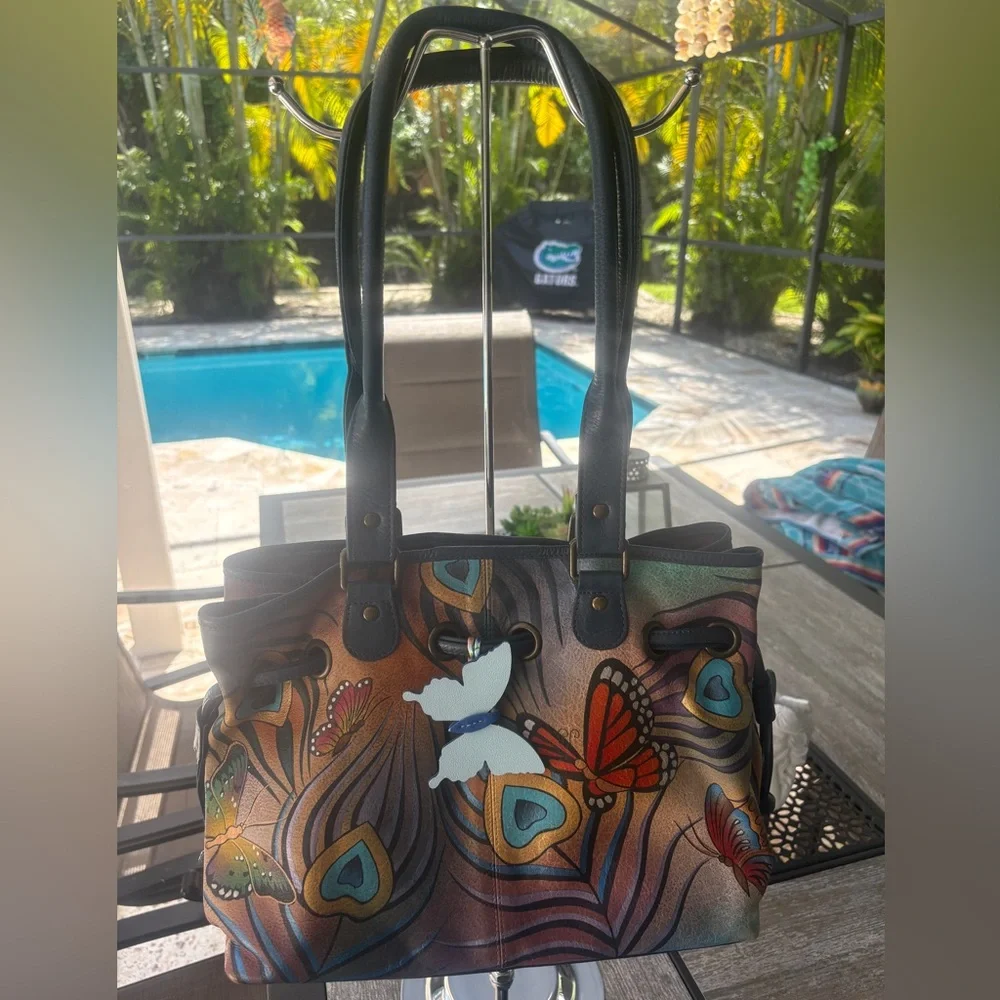 EUC, Anuschka Peacock Butterfly Multicolor Hand-Painted Shoulder Bag - Picture 2 of 15